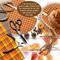 This image shows the materials I use to make the fall witch hat. It includes fall leaves, flannel fabric, and burlap. 